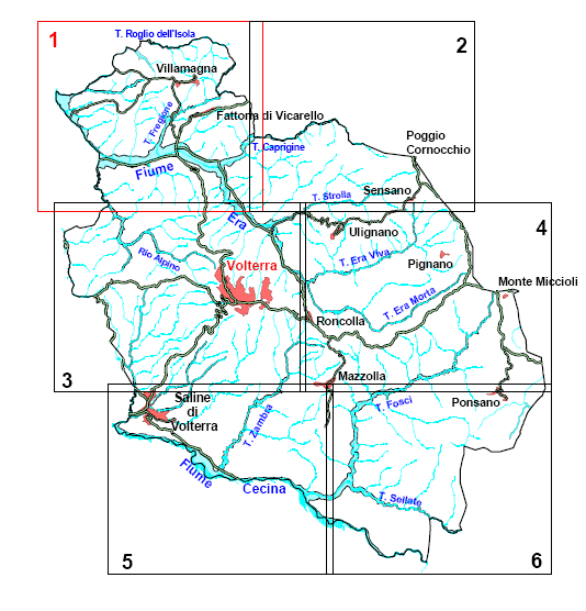 Immagine sovrastante: carta del territorio di Volterra suddivisa in sei quadranti
